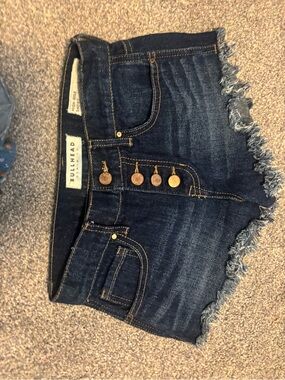 Bullhead Dark Indigo High-Rise Frayed Denim Shorts